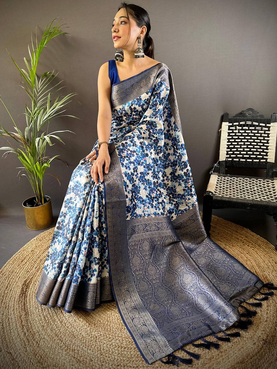 Midnight Bloom Blue Floral Saree