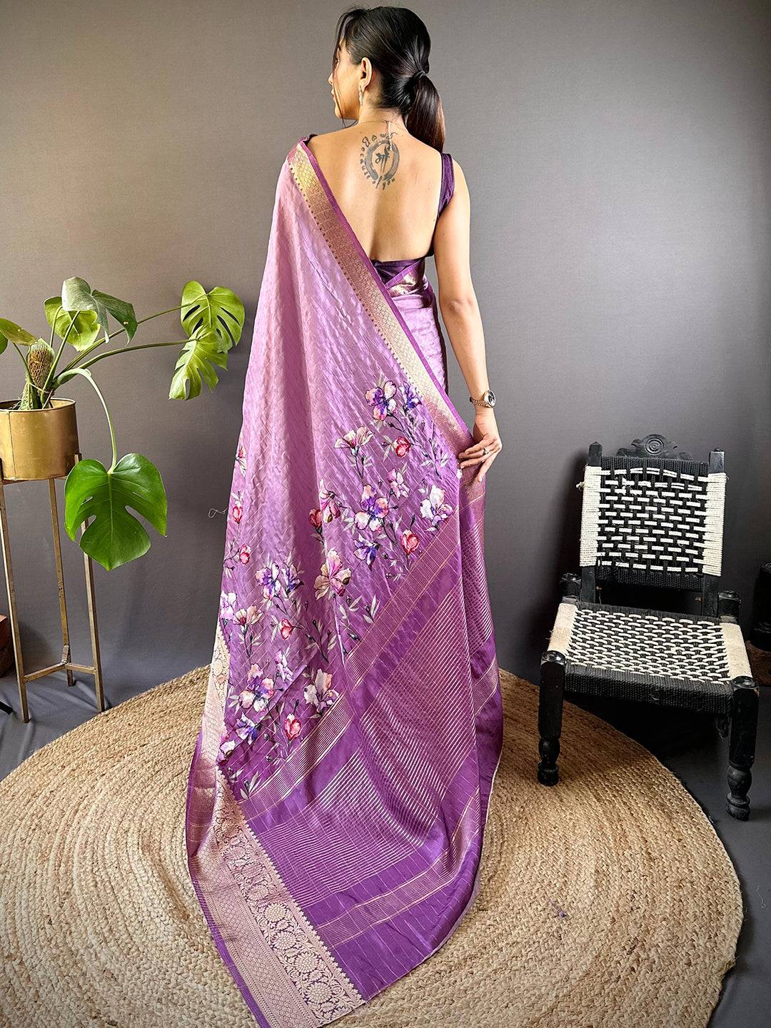 Lavender Floral Zari Chex Saree