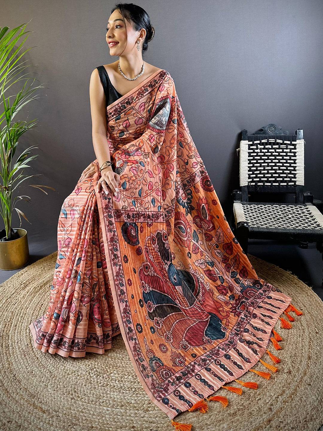 Peach Blossom Kalamkari Saree