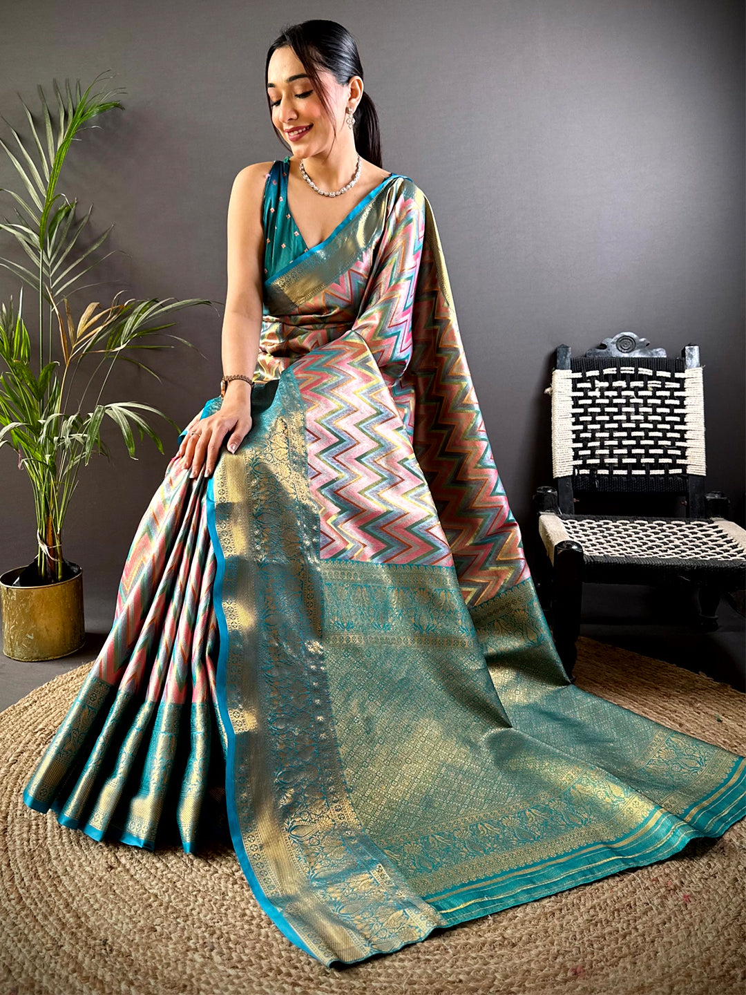 Radiant Rama Zigzag Dharmavaram Silk Saree