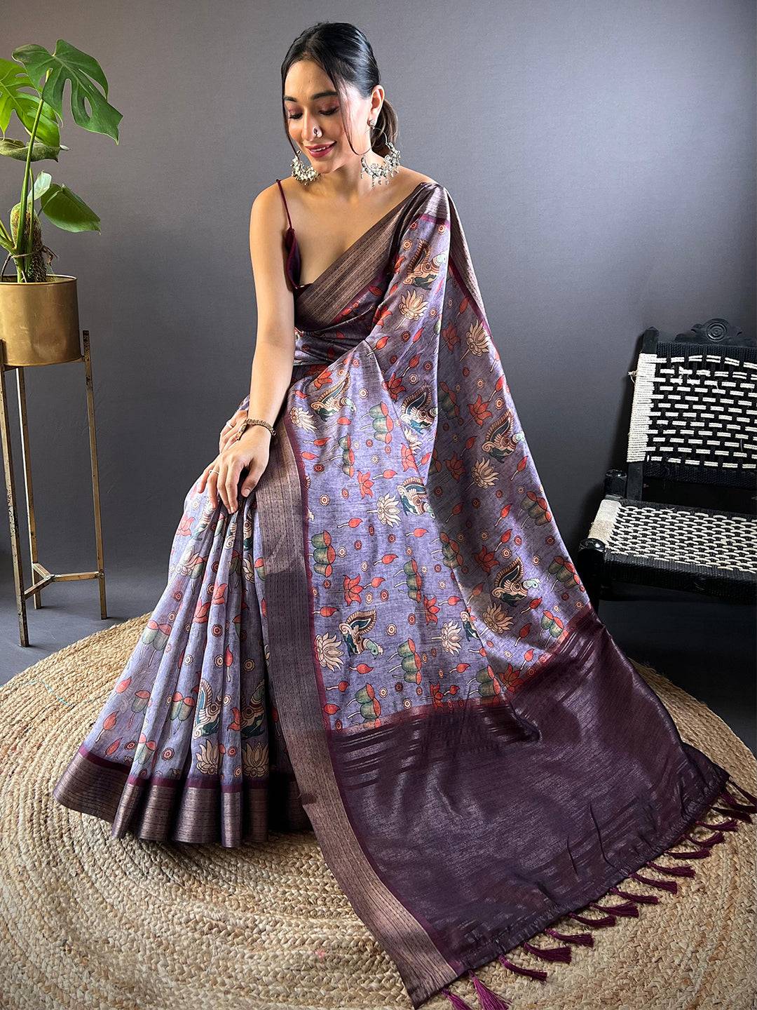 Purple Kalamkari Tussar Silk Saree