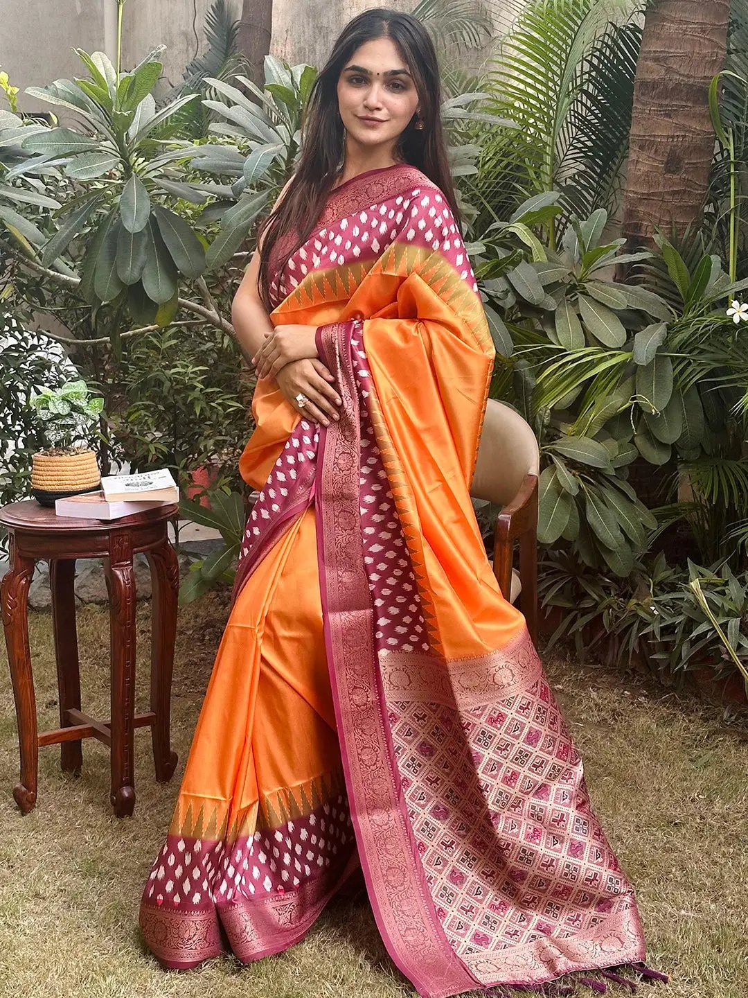 Vishal Prints Orange And Hot Pink Silk Weaving Saree With Zari Border