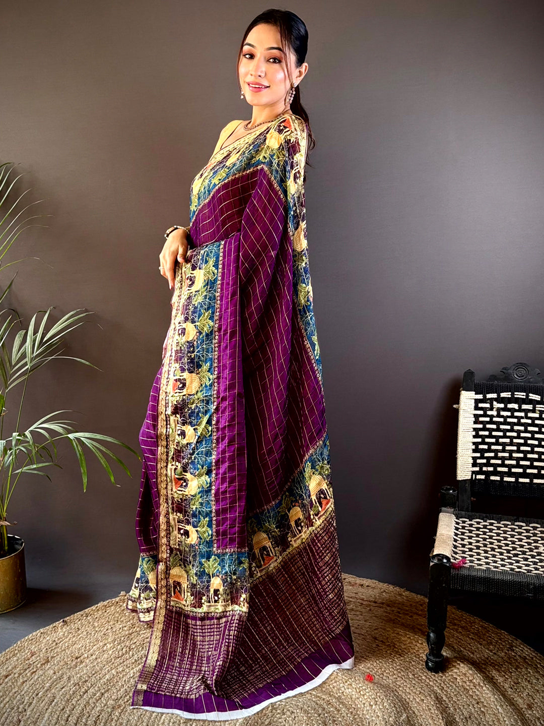 Violet Chinnon Chiffon Kalamkari Saree