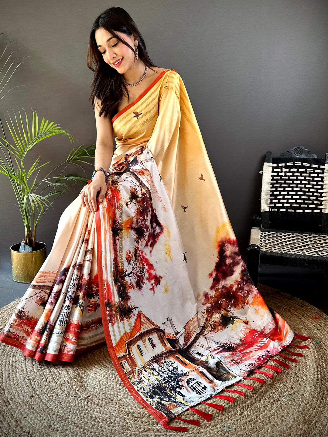 Yellow Japanese Freehand Digital Print Saree