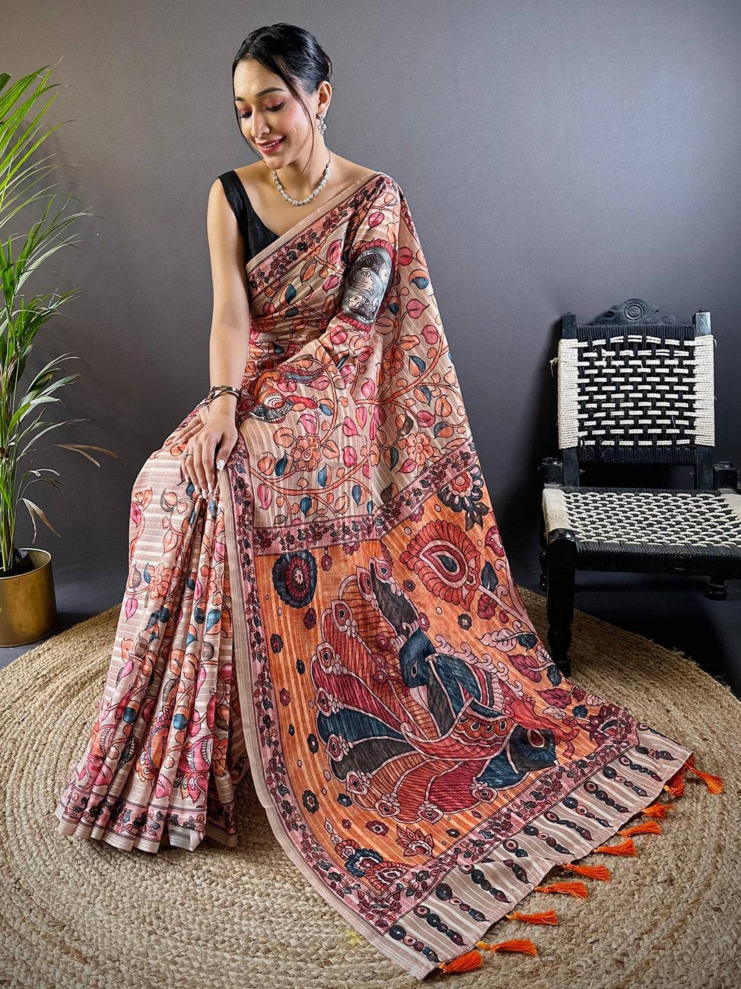 Crayola Peach Kalamkari Saree