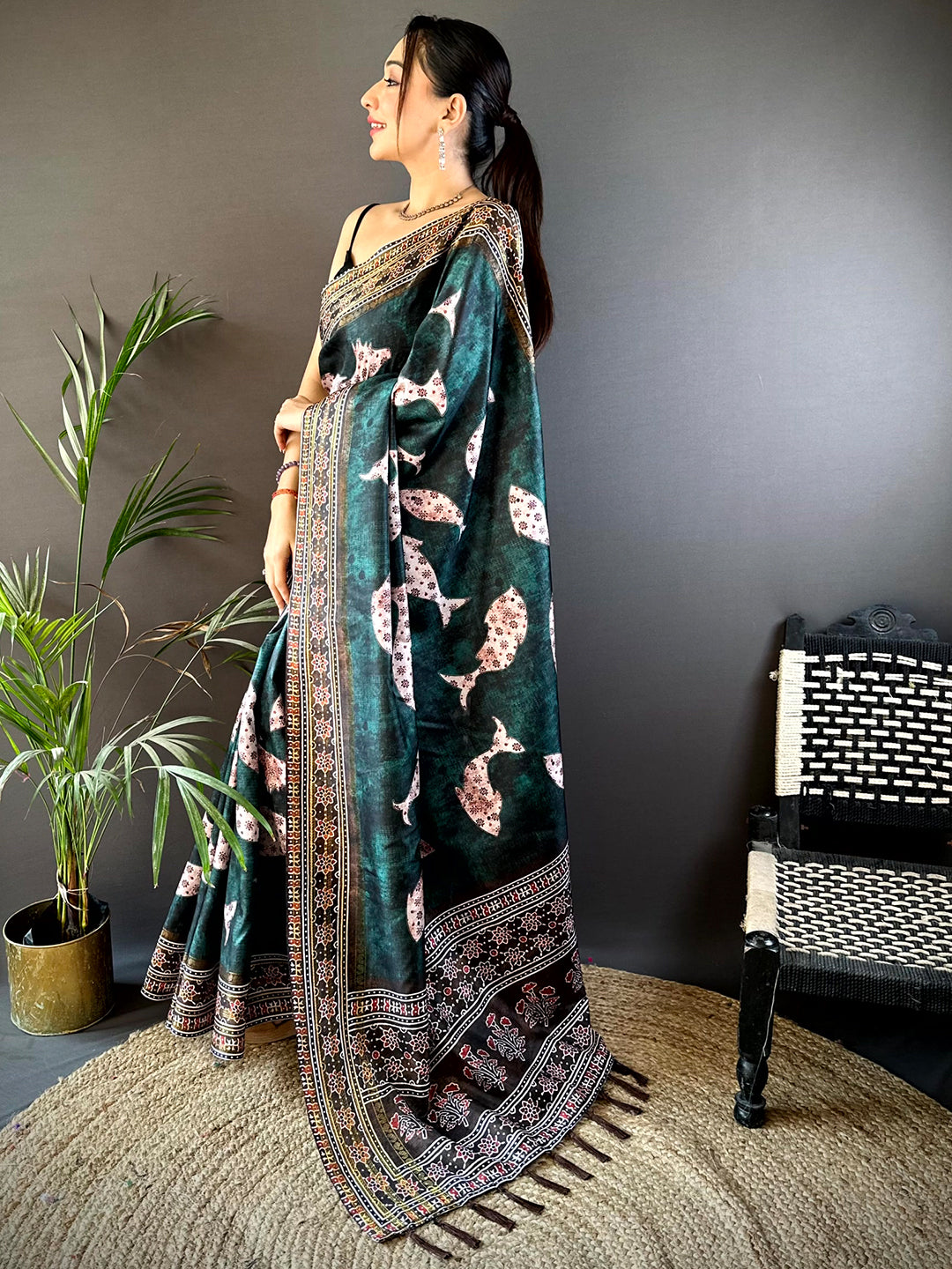 Dark Green Soft Silk Fish Kalamkari Saree