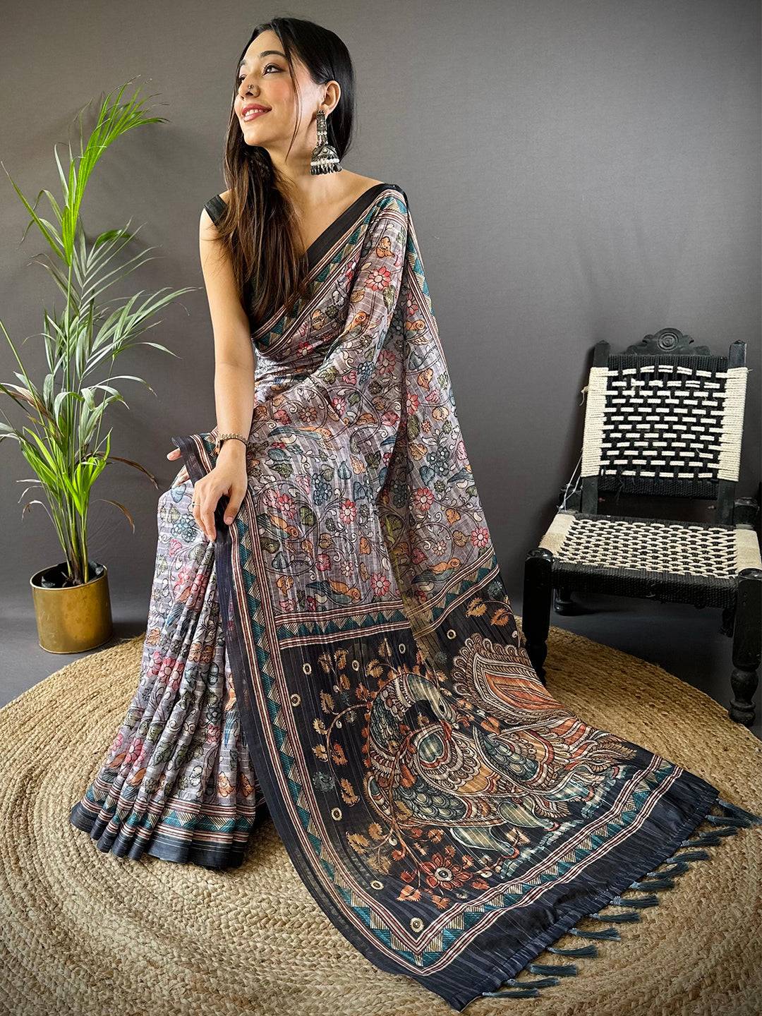 Grey Kalamkari Stripes Chanderi Saree