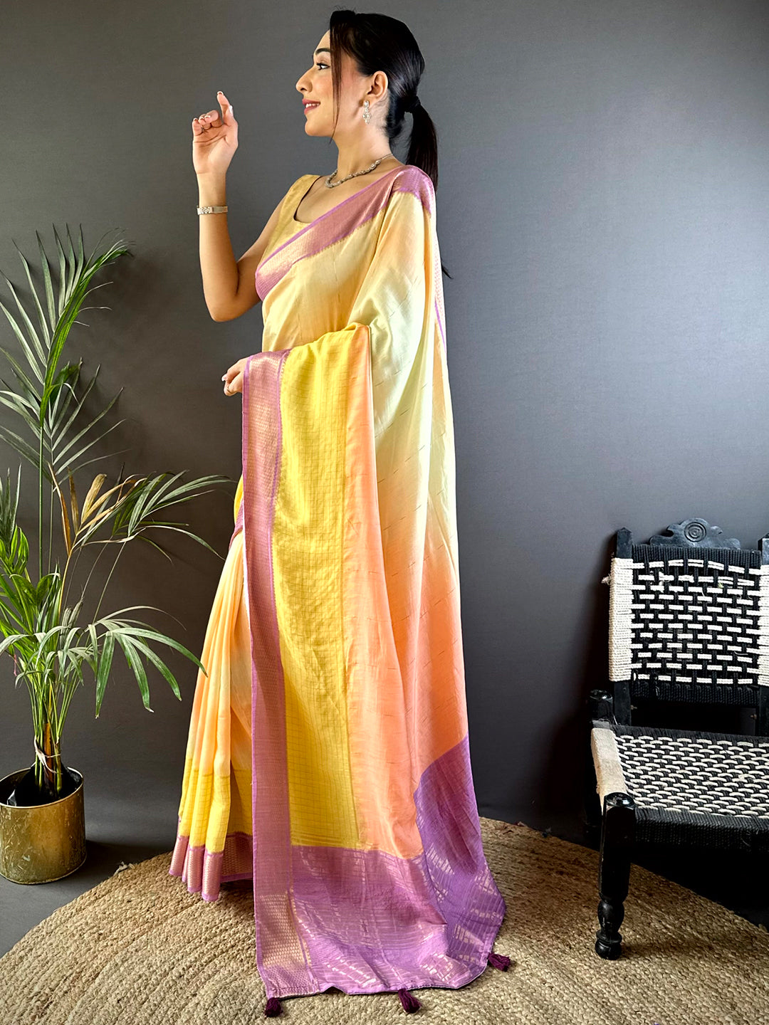 Vibrant Cotton Viscose Zari Check Ombre Saree