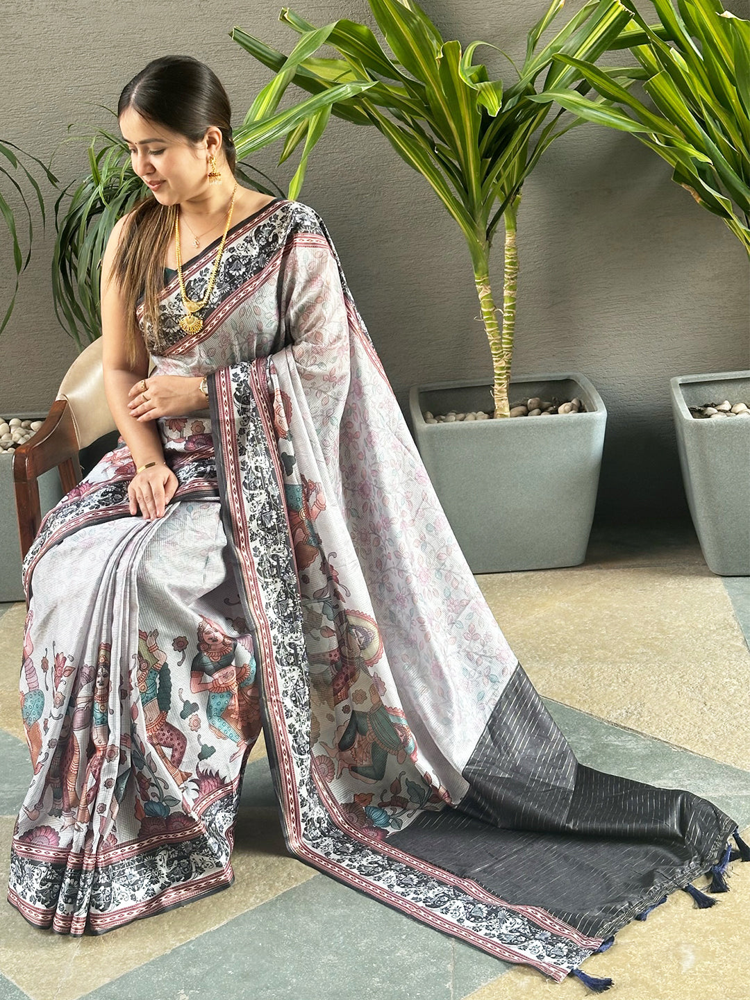 Grey Satin Kota Doria Digital Kalamkari Saree