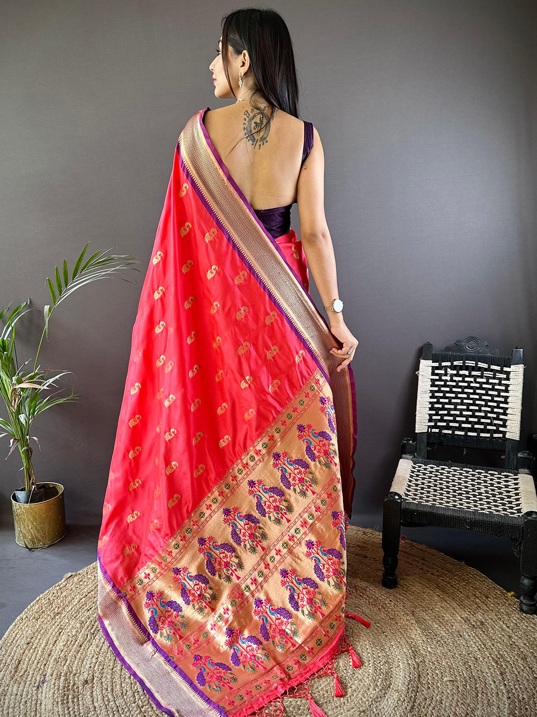 Traditonal Gajri Colour Yevla Paithani Minakari Work Silk Saree