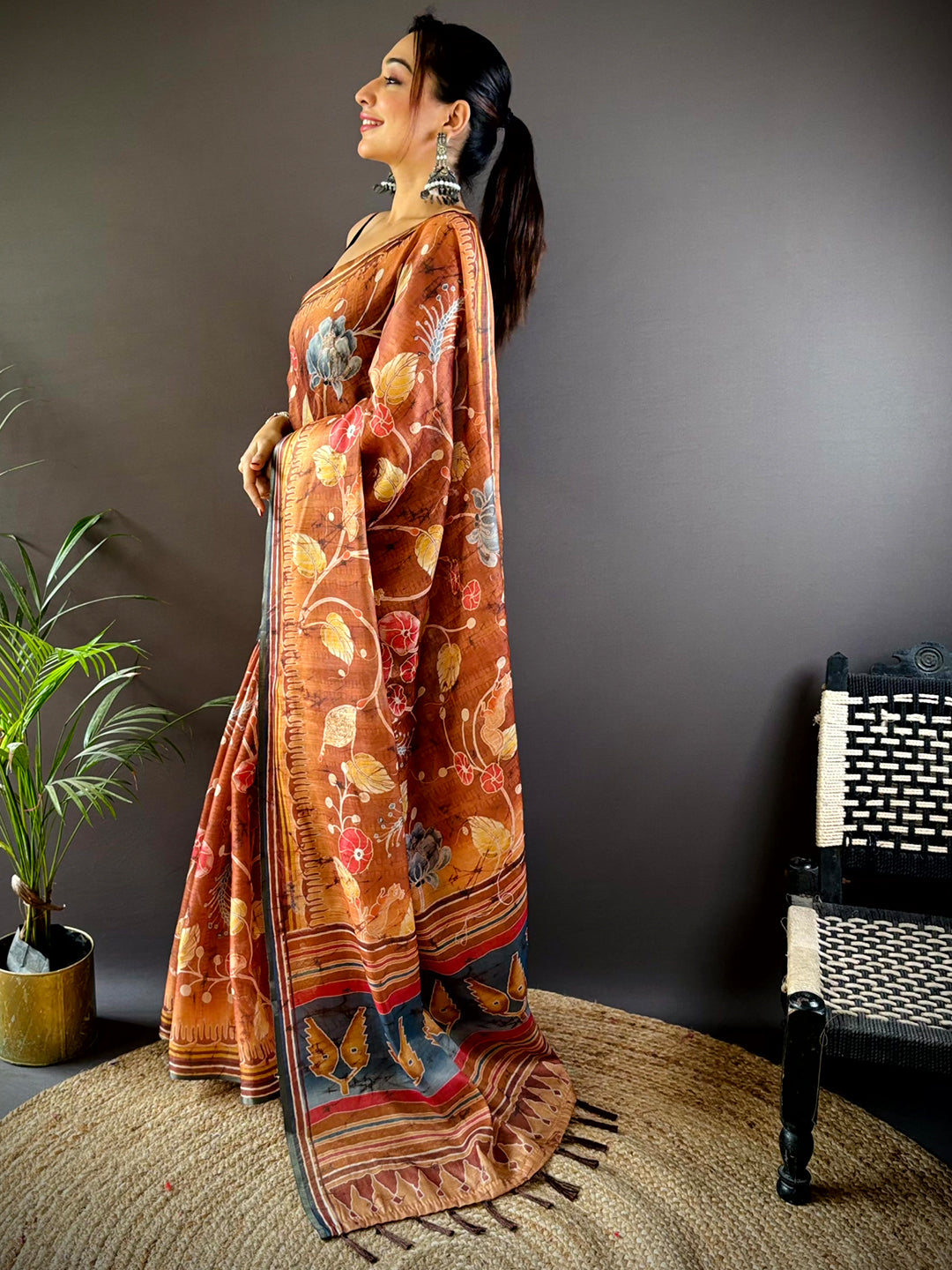 Copper Brown Tissue Chanderi Kalamkari Saree