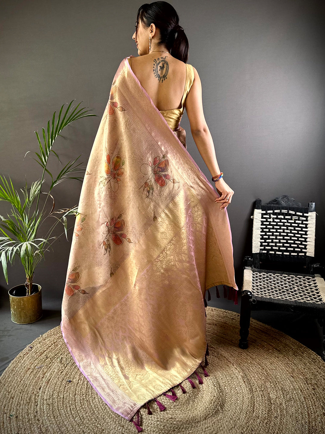 Stylish Wine Self Gold Zari Floral Print Saree