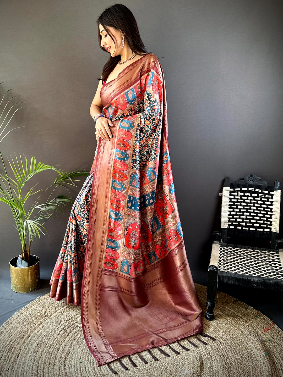 Brown Mughal Kalamkari Print Pashmina Saree