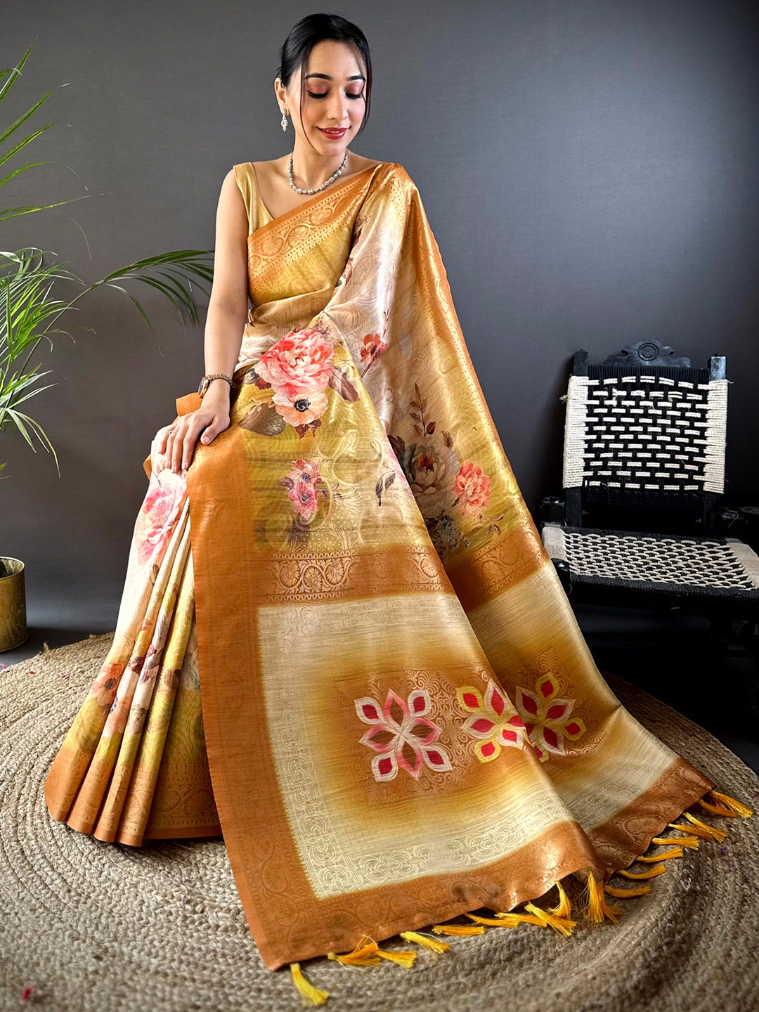 Yellow Banarasi Digital Floral Printed Saree