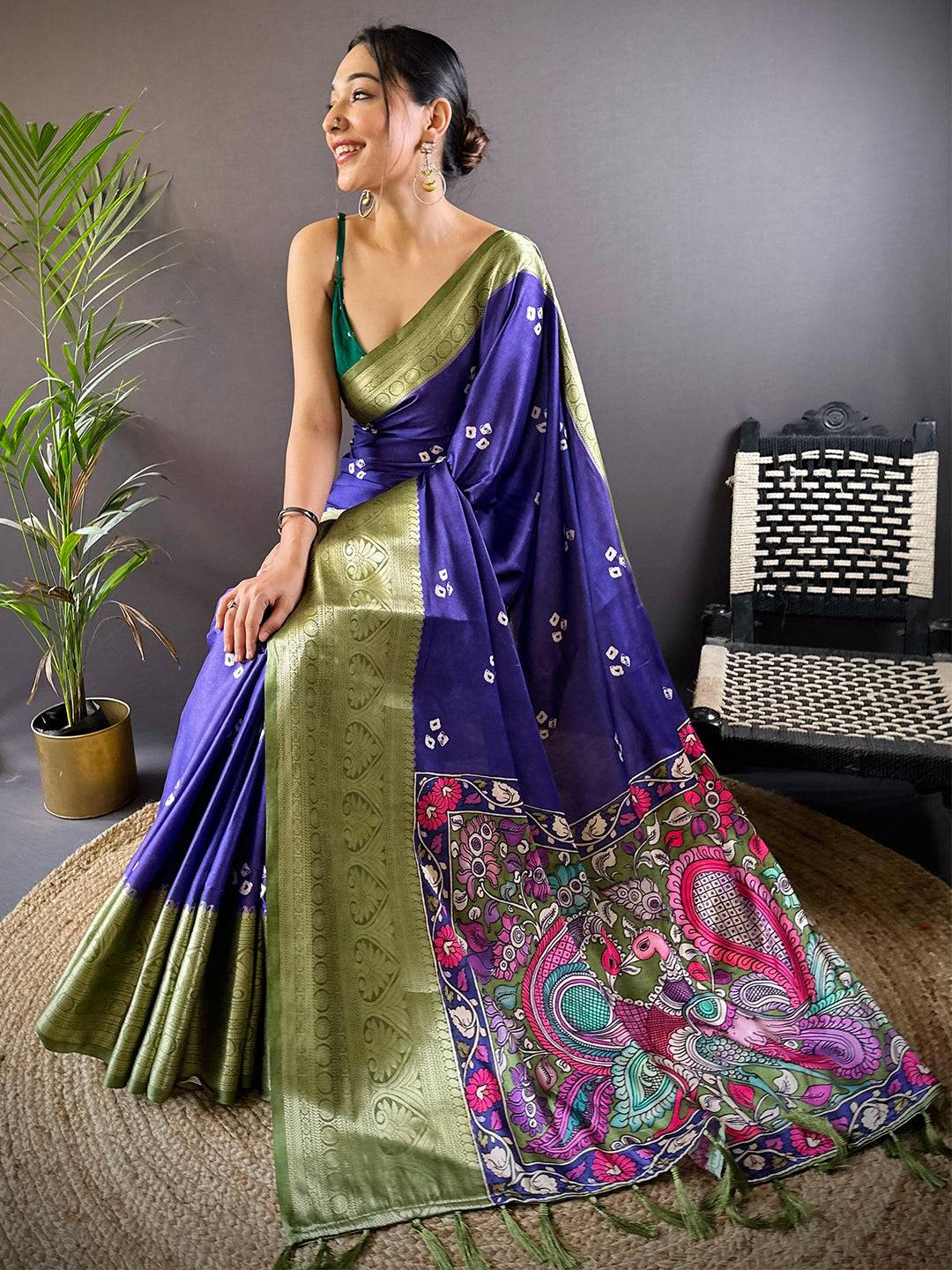 Kalamkari Bandhani Soft Silk Saree