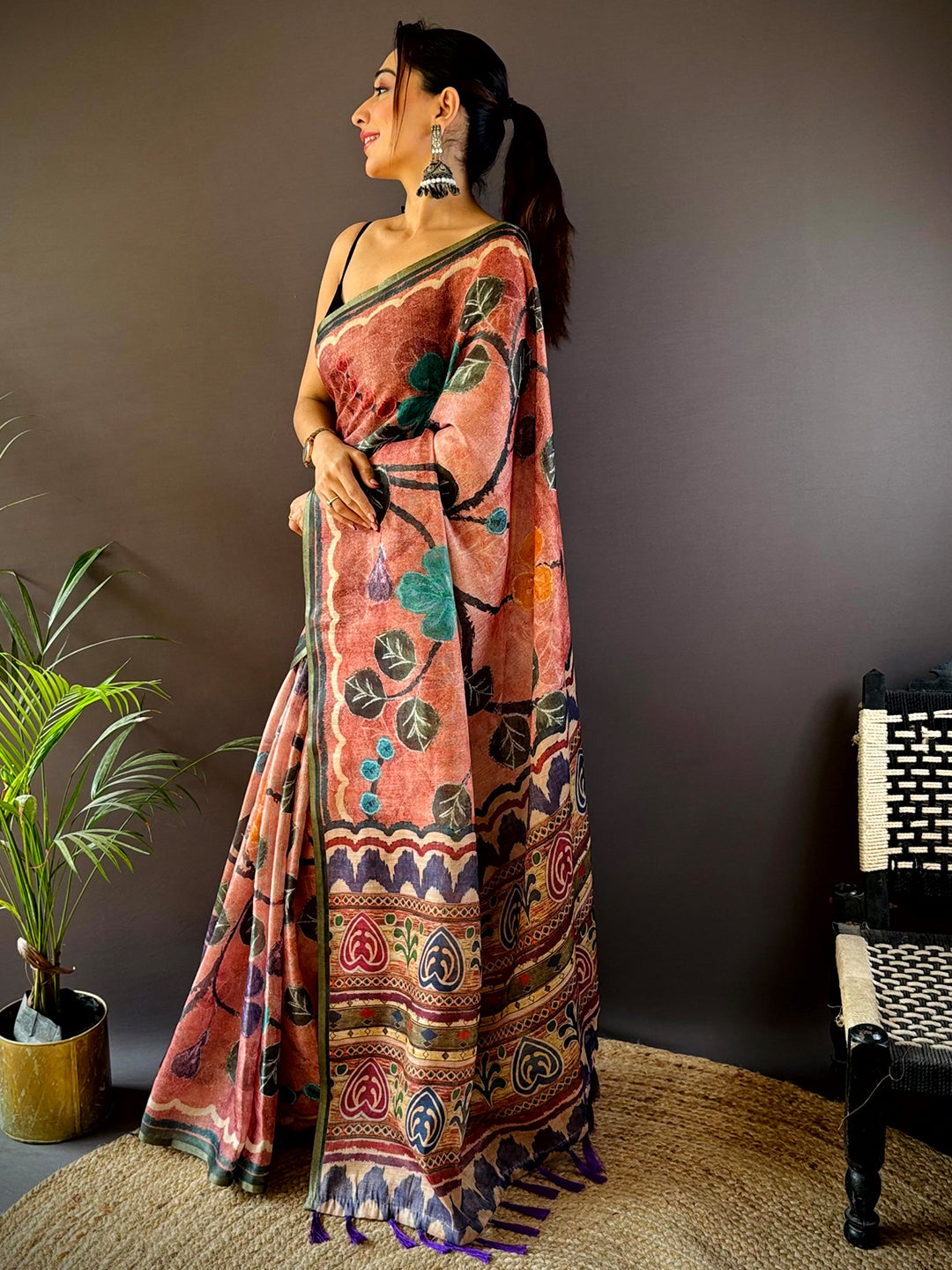 Rust Brown Folklore Tissue Chanderi Saree