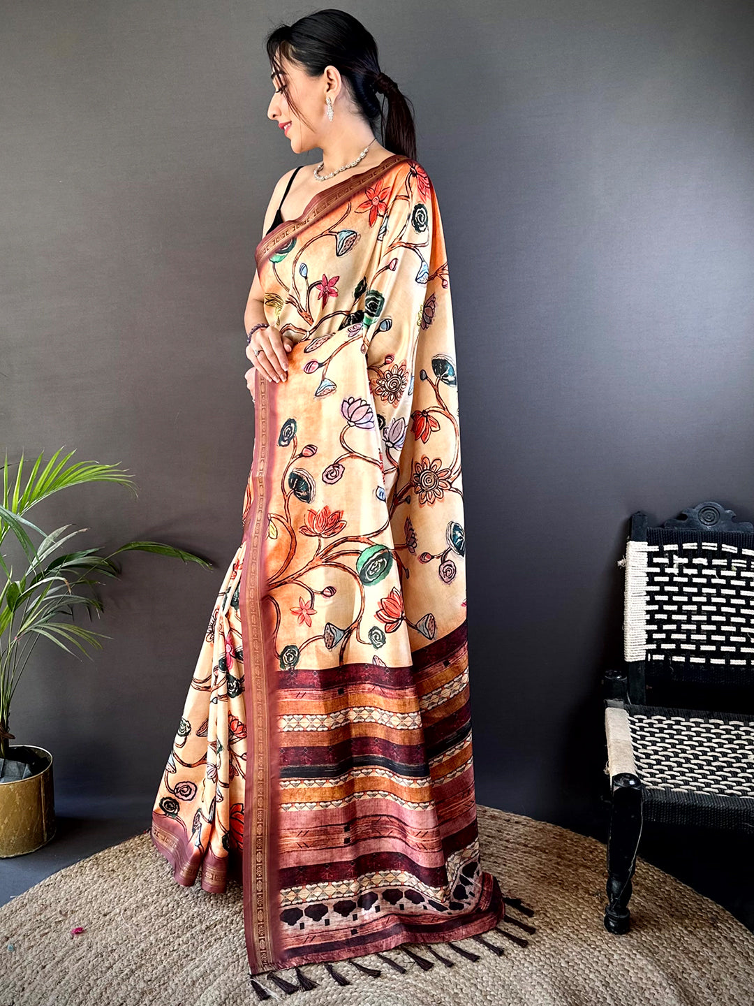 Peach Soft Silk Freehand Kalamkari Print Saree