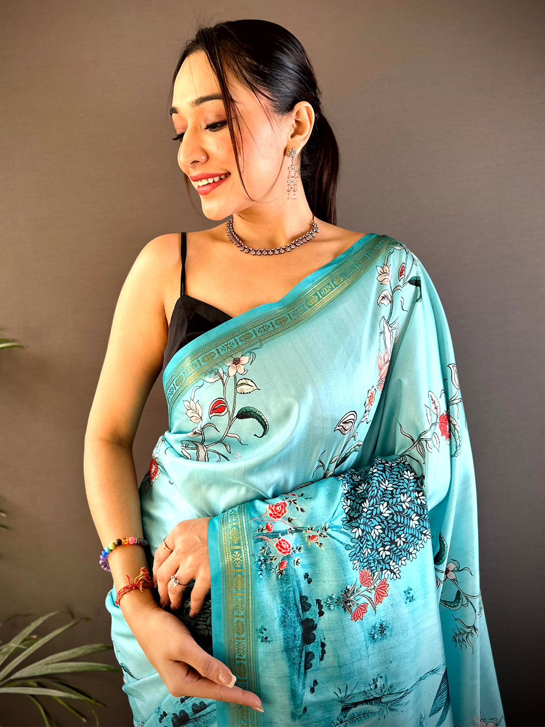 Turquoise Jungle Printed Silk Saree