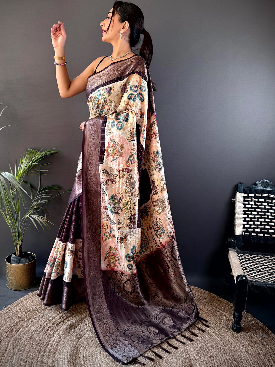 Artisanal Brown Silk Blend Kalamkari Saree