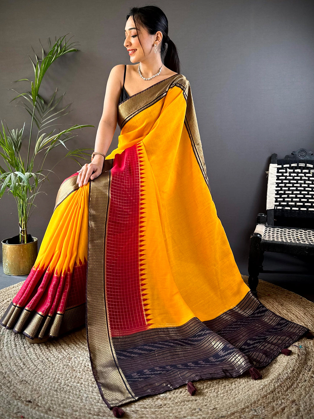 Sunshine Yellow Zari Pallu Cotton Viscose Saree