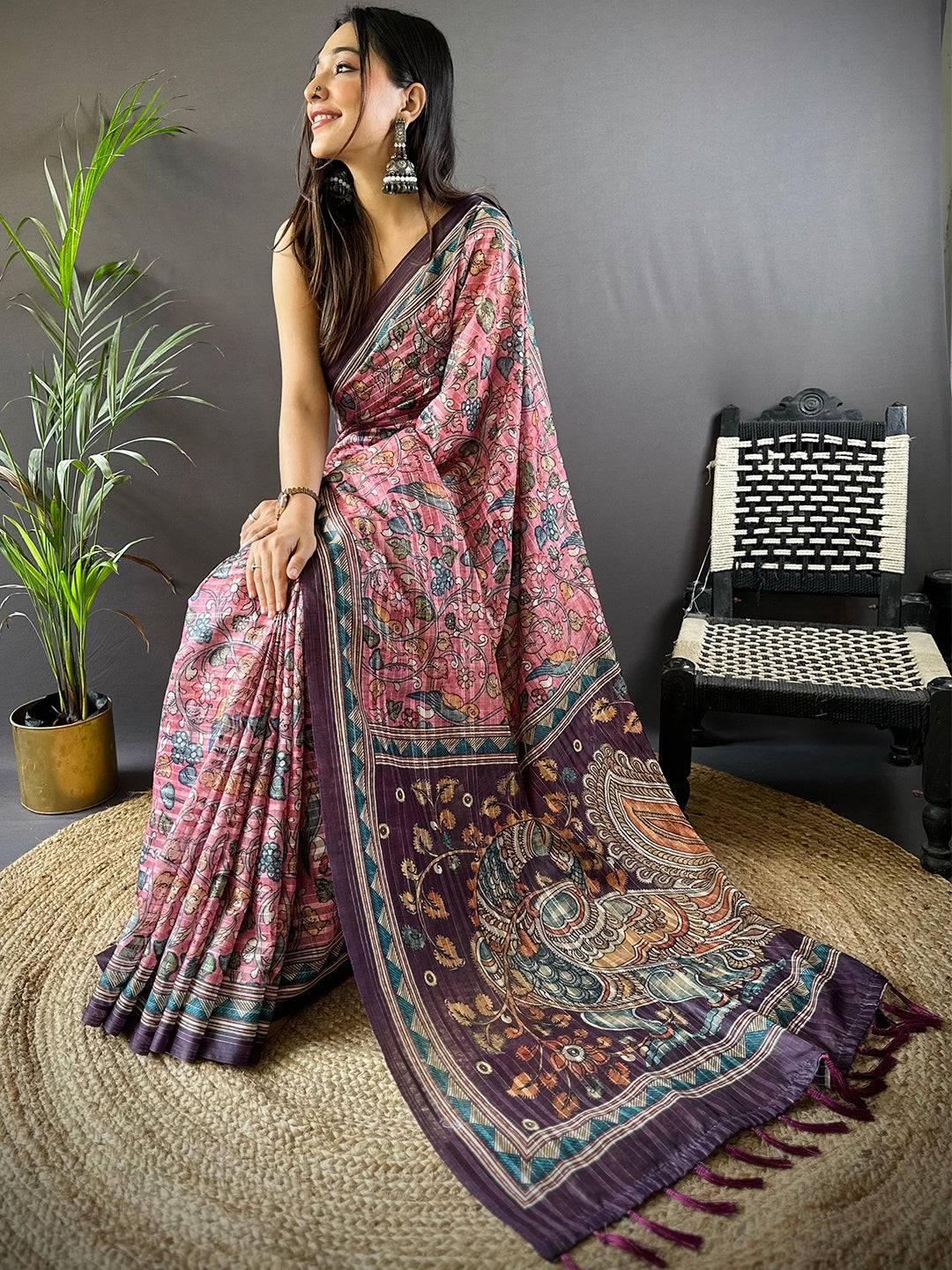 Pink Kalamkari Stripes Chanderi Saree