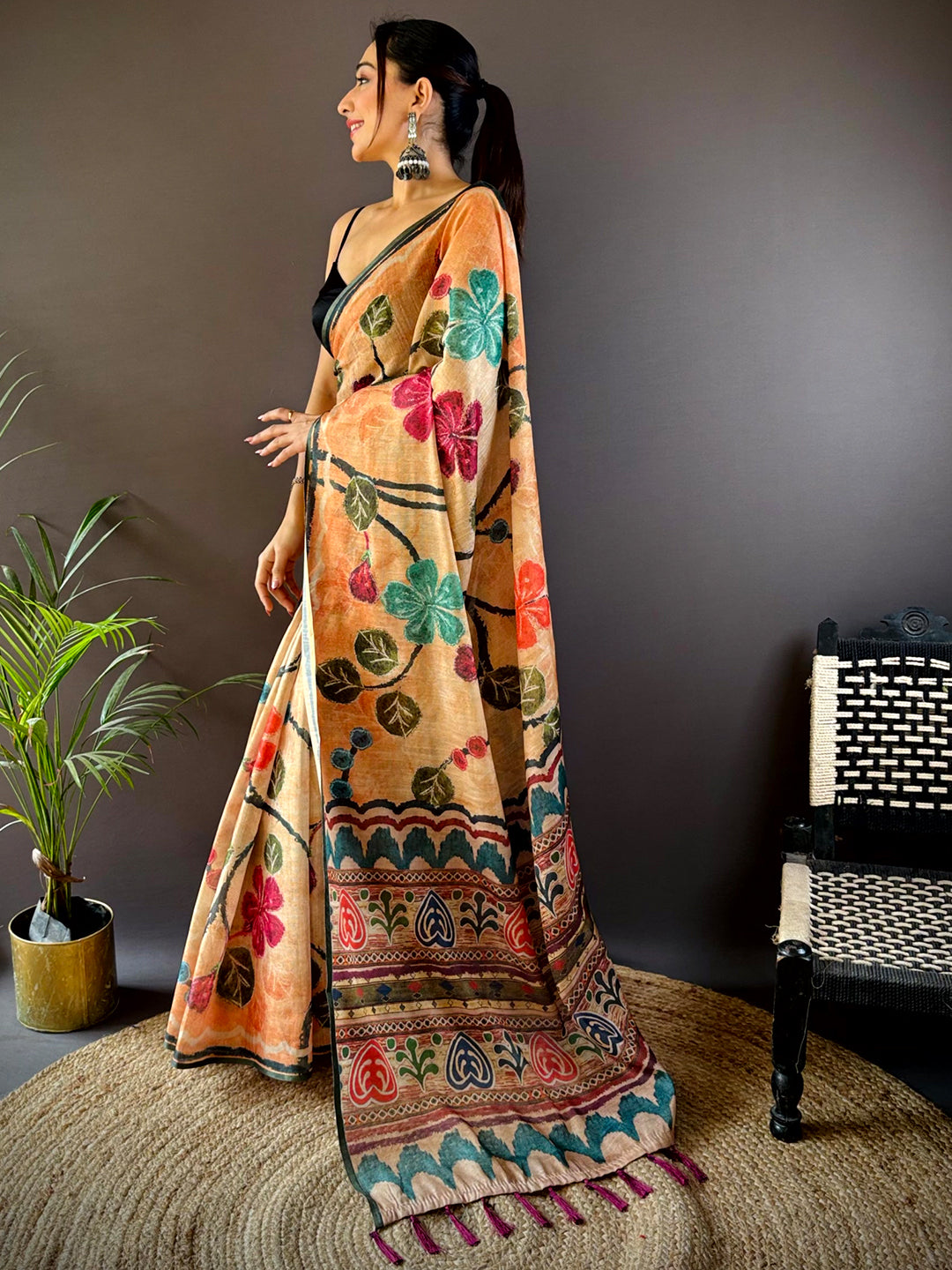 Light Peach Folklore Tissue Chanderi Saree