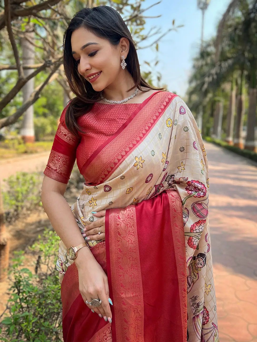 Close-up of Chiku Colour Banarasi Saree with intricate patterns