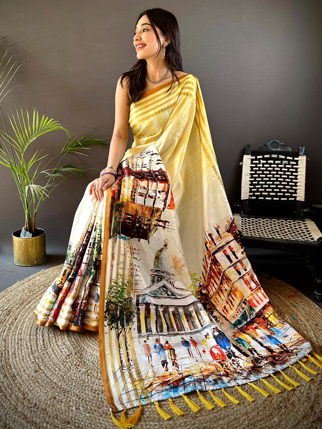 Lime Yellow Japanese Freehand Digital Print Saree