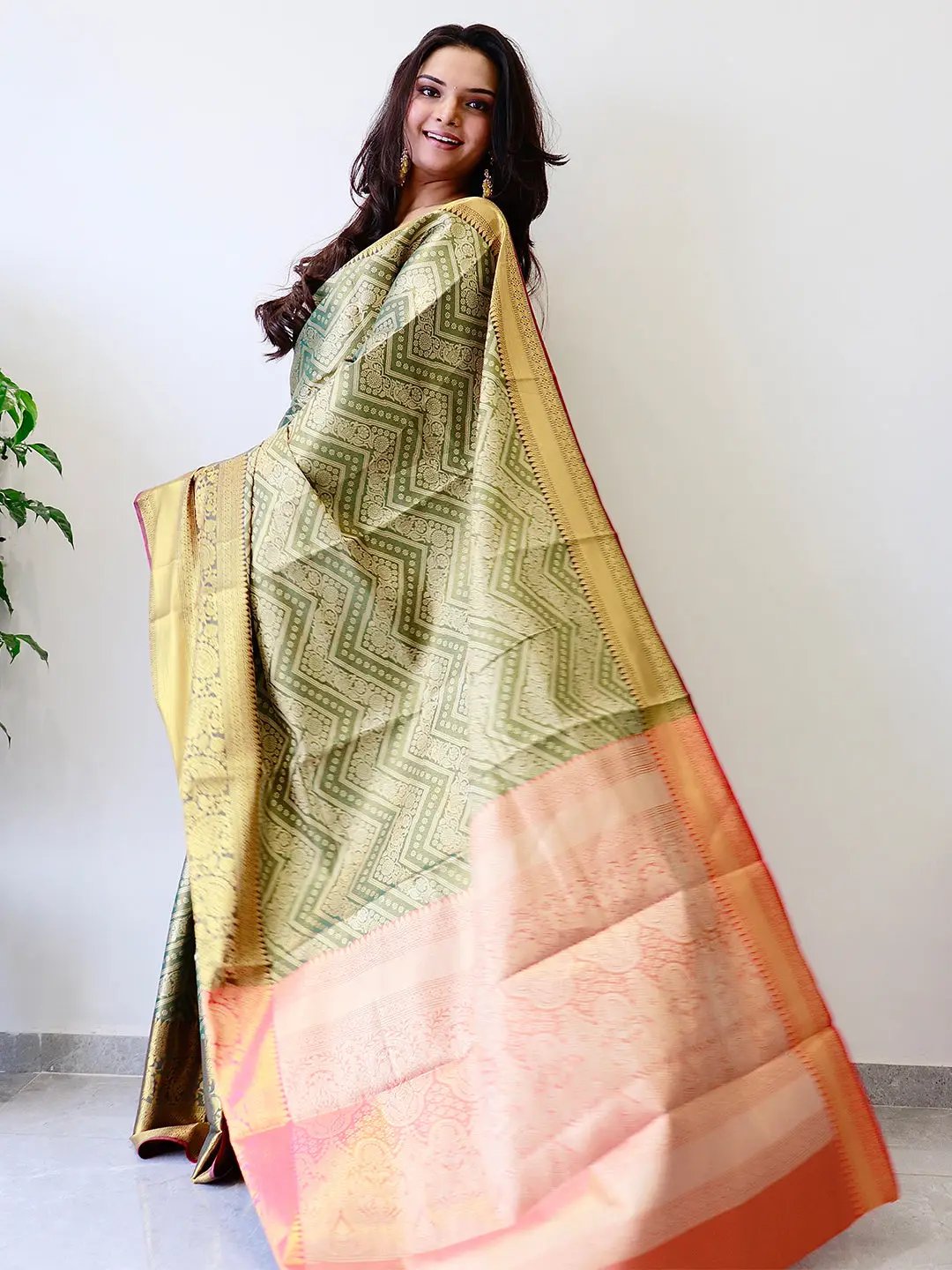 Stunning Kanjivaaram silk saree with gold zari and rich patterns.