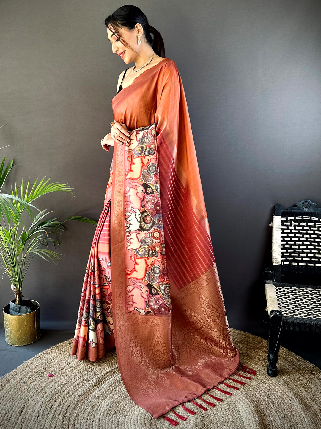 Rust Red Kalamkari Ombre Soft Silk Saree