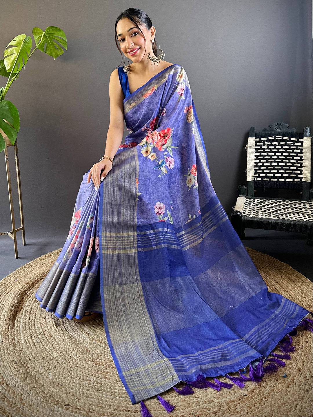 Purple Bloom Linen Saree