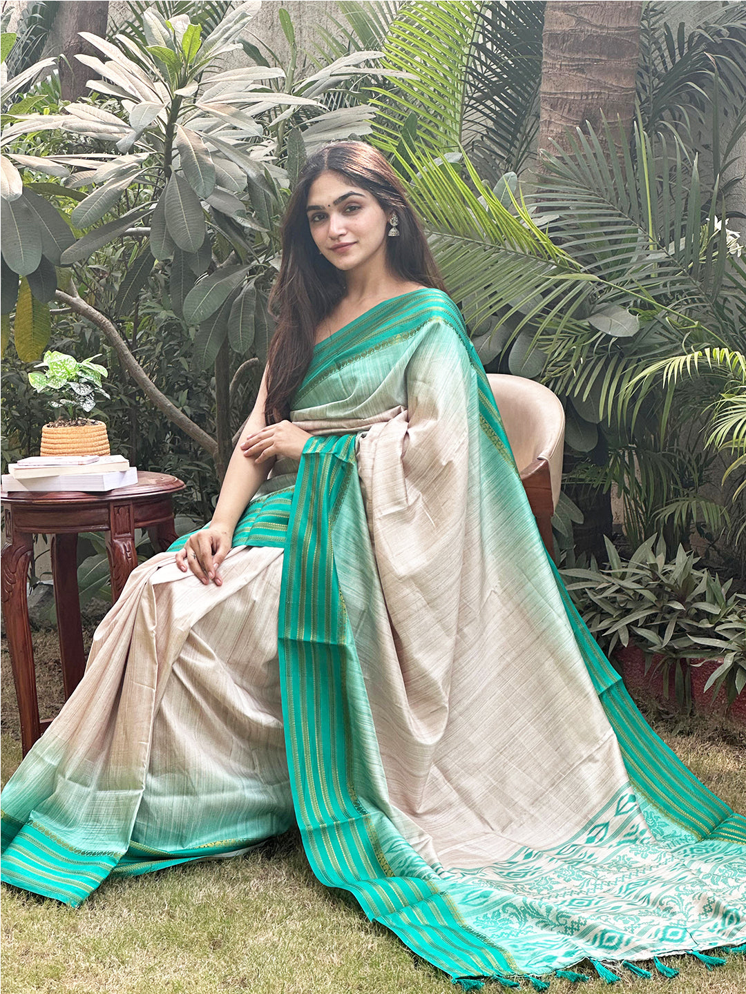 Exclusive Ikkat Motifs Ghicha Saree with Paisley Print