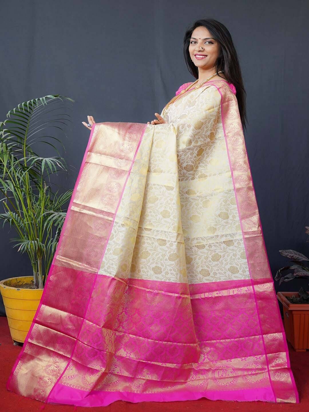 White Floral Zari Banarasi Kanjivaram Silk Saree