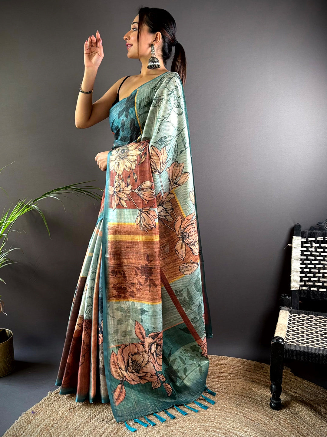 Teal Semi Gold Zari Tussar Saree