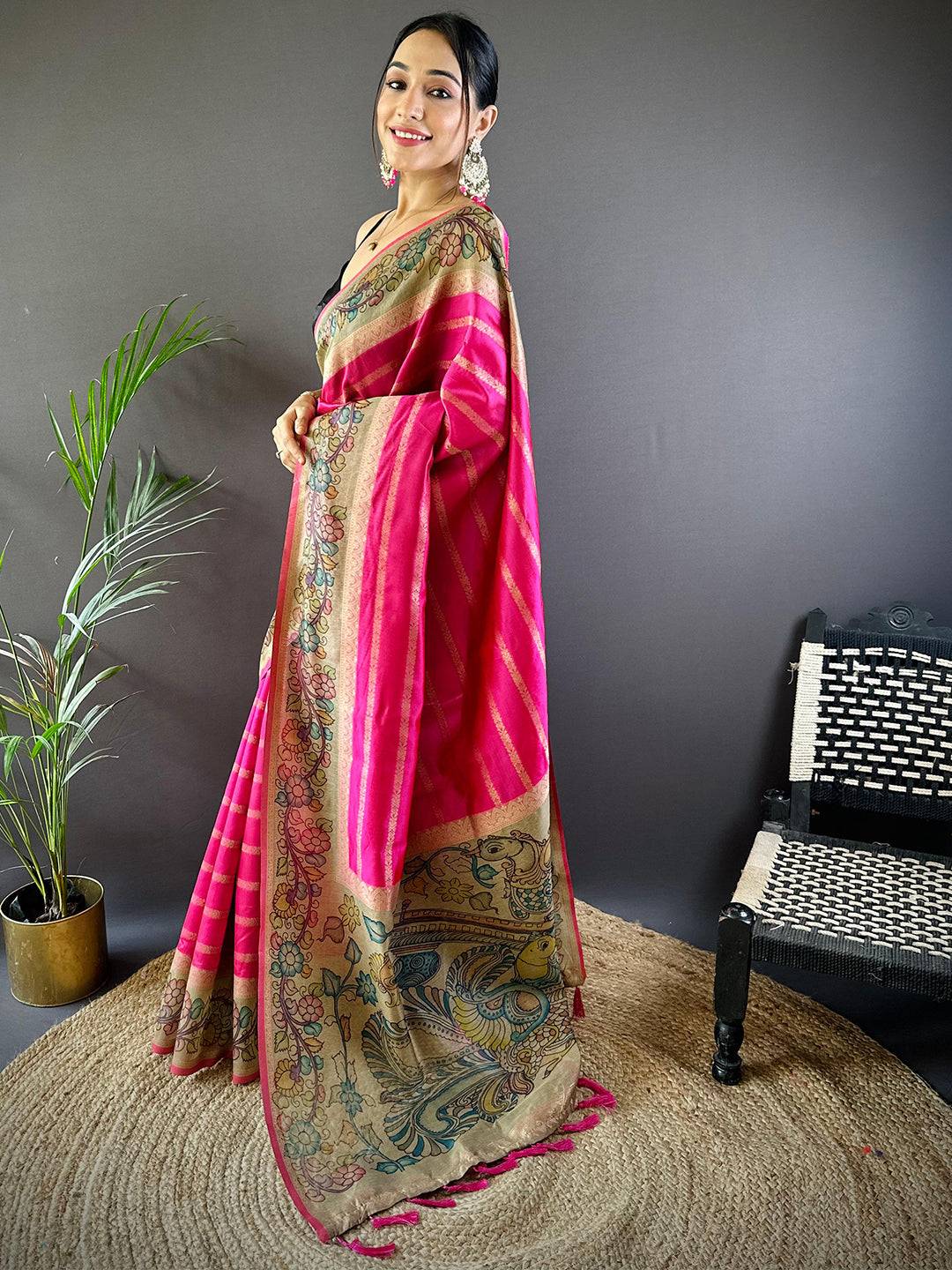 Pink Geometric Zari And Kalamkari Silk Saree