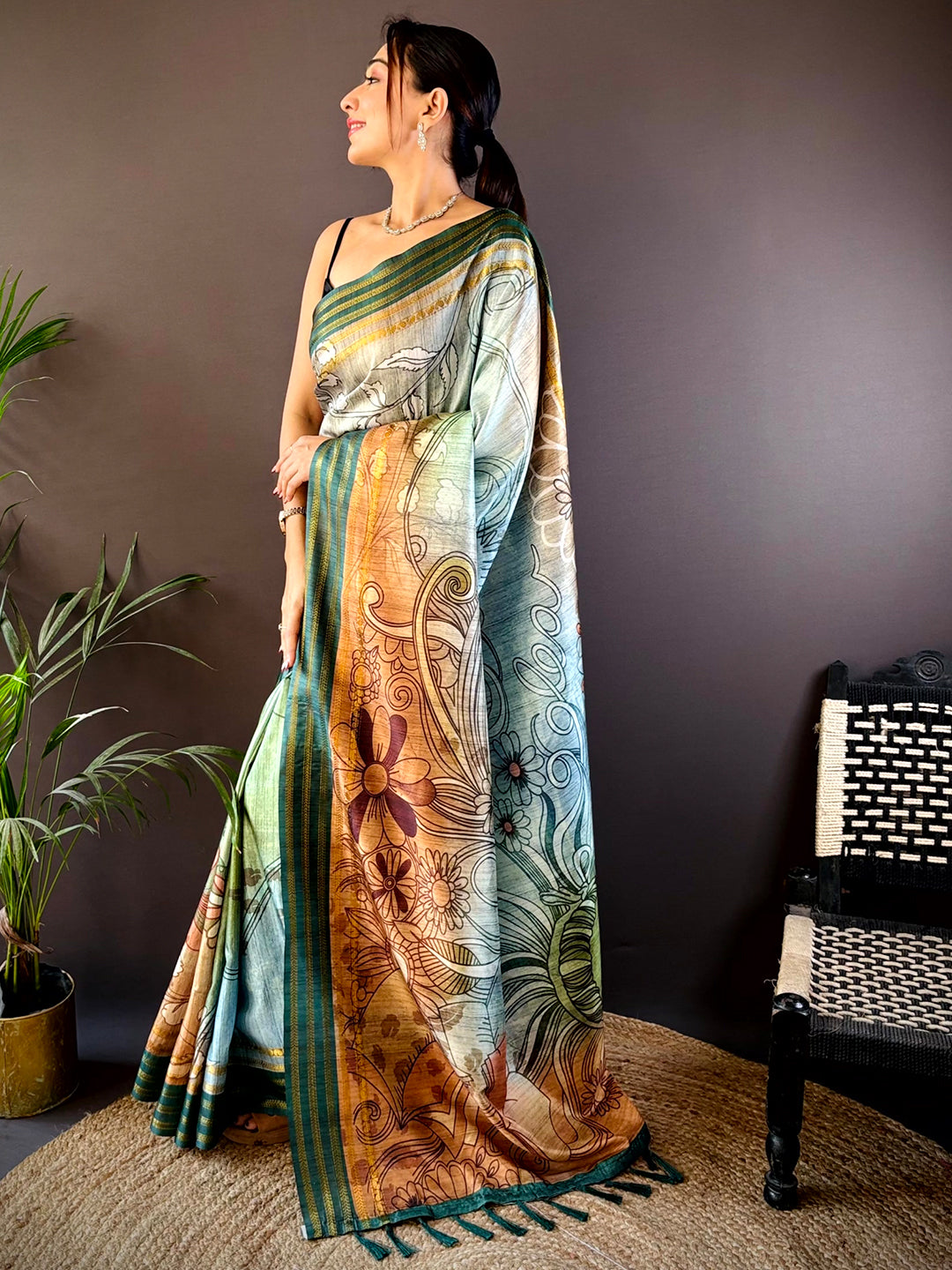 Teal Soft Silk Abstract Geometric Saree