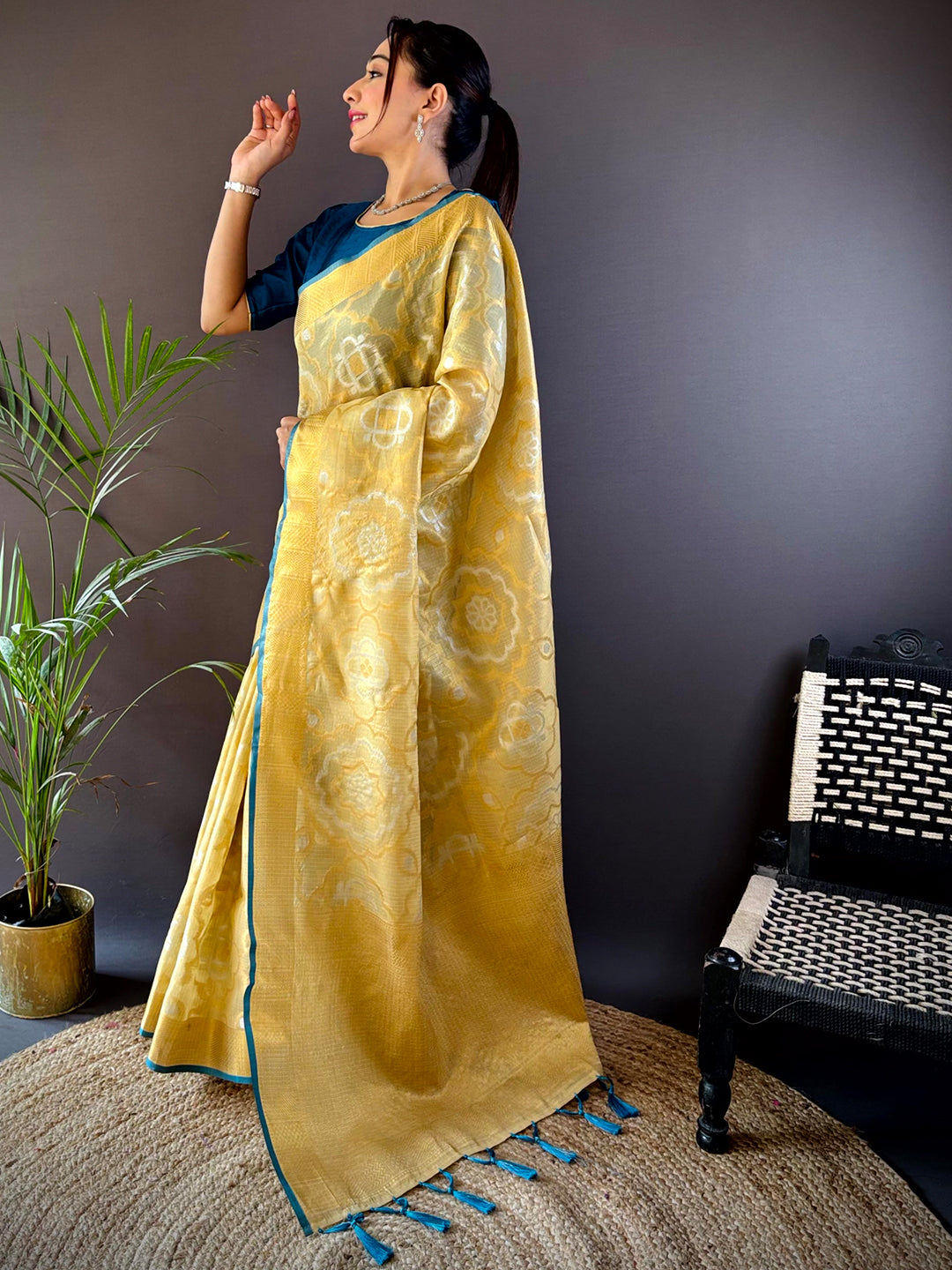 Minakari Floral Saree With Rama Tassels