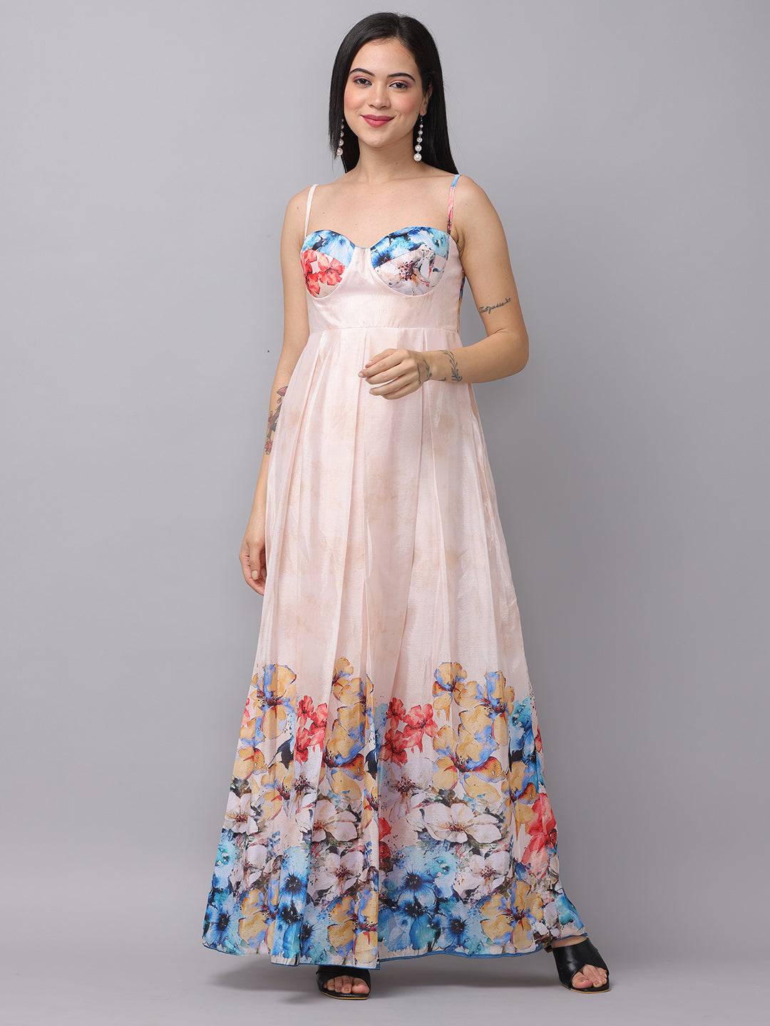 Cream printed floral dress with sweetheart neckline