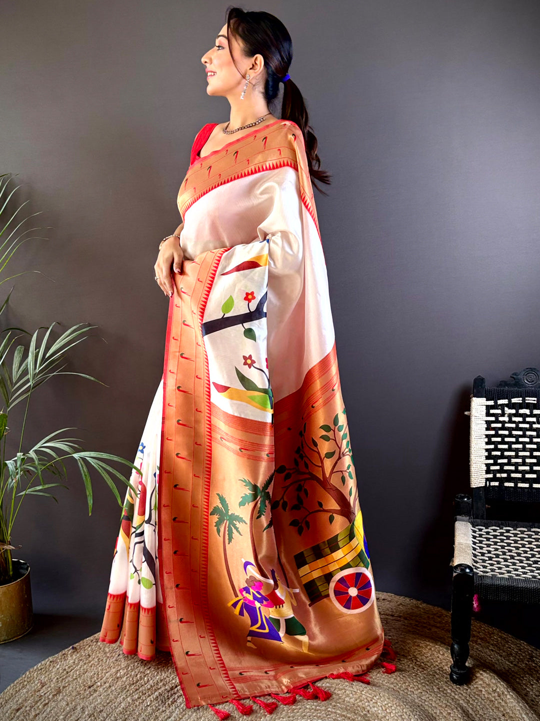 Daisy White Minakari Soft Silk Saree