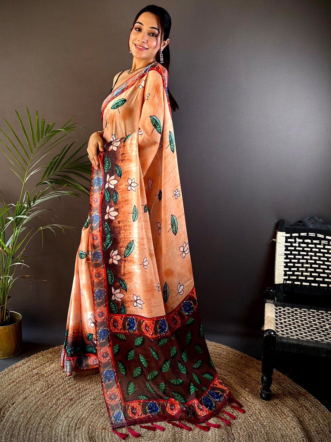 Orange Georgette Pichwai Print Saree