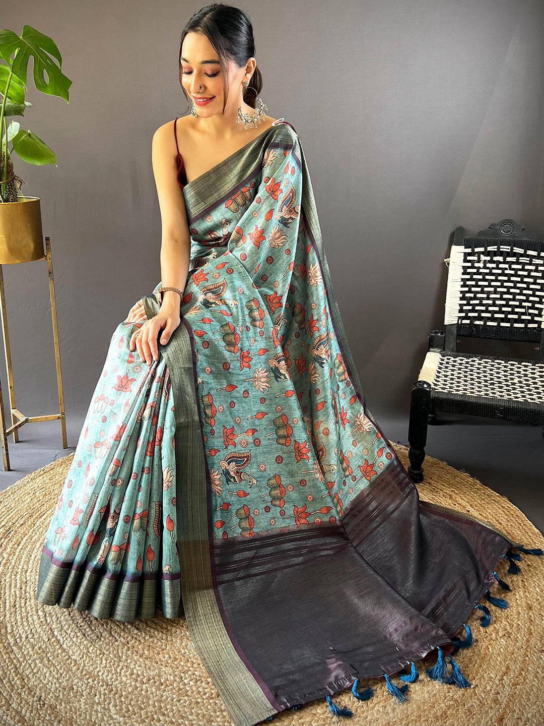 Sky Blue Kalamkari Tussar Silk Saree