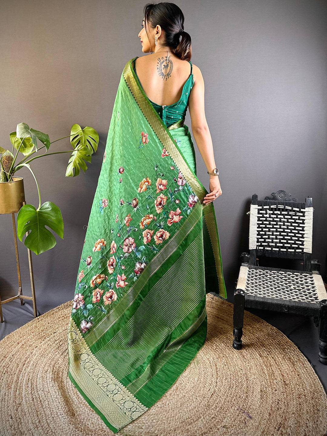 Green Floral Zari Chex Saree