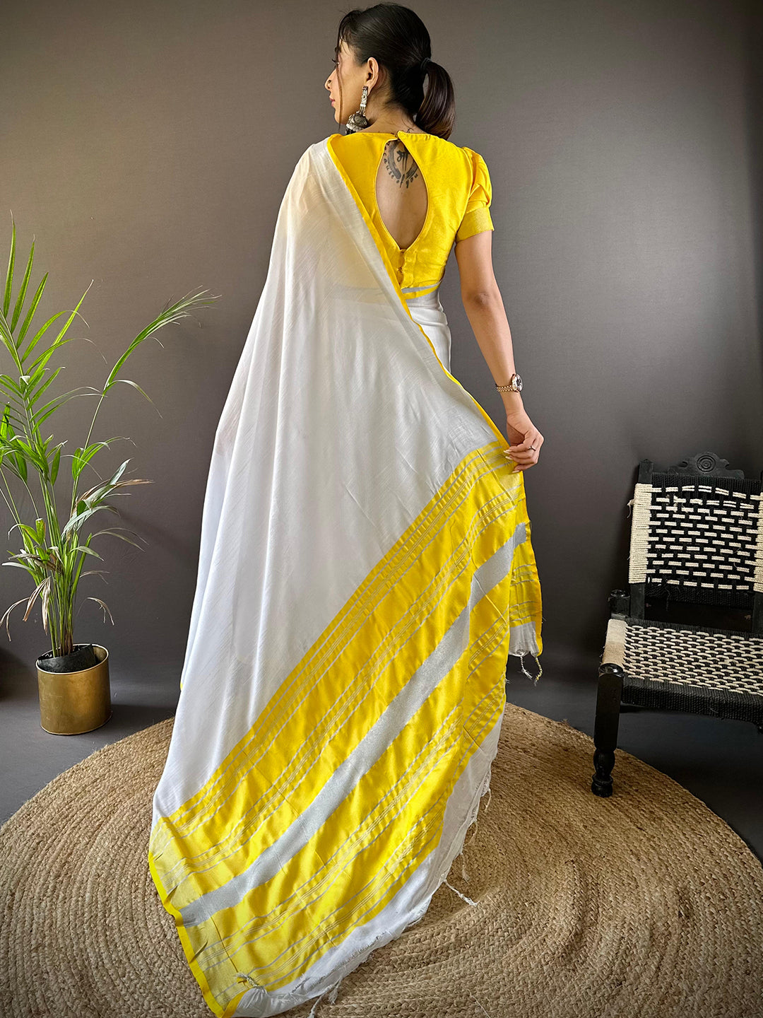 Bhagalpuri Linen Saree With Yellow Colour Small Patti