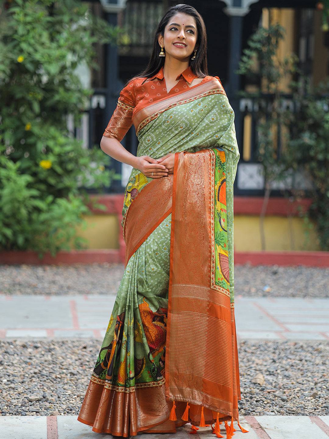 Pista Pure Viscose Dola Silk Saree with Bhandhej Print