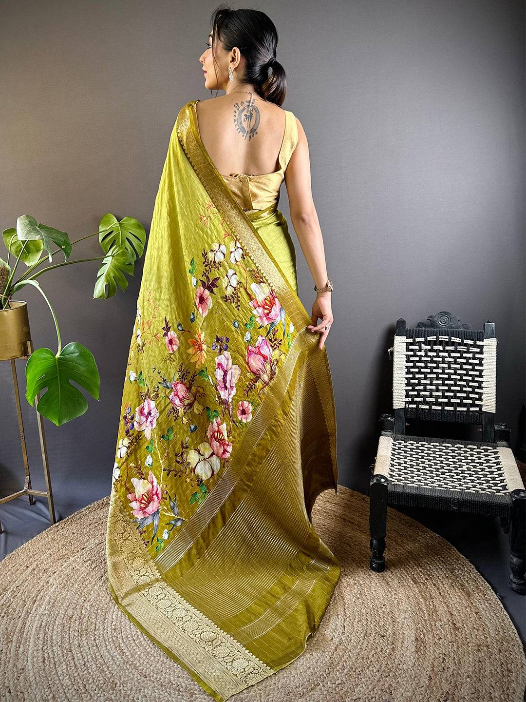 Light Green Floral Zari Chex Saree