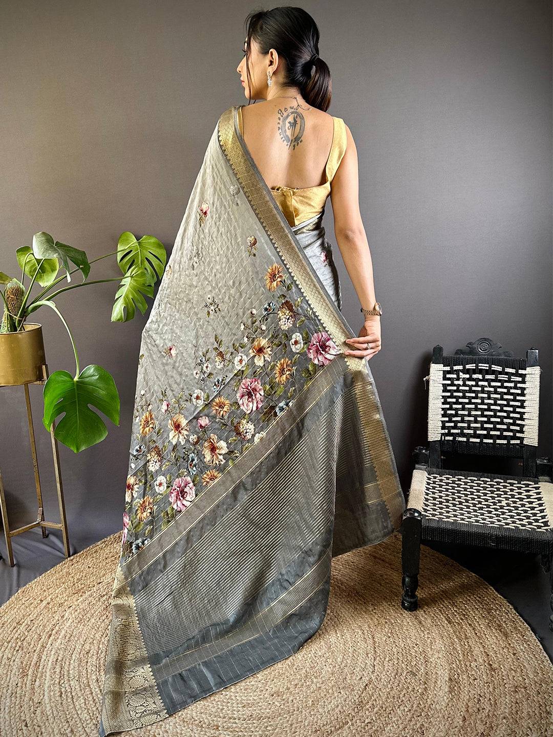 Grey Floral Zari Chex Saree