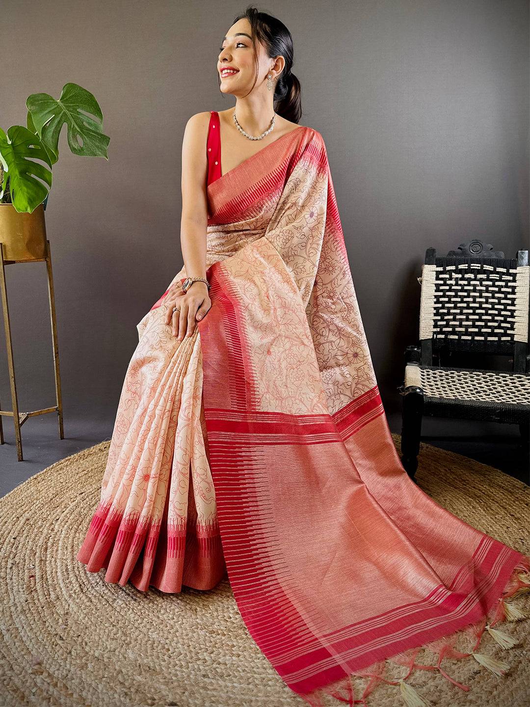 Rust Floral Tussar Silk Saree