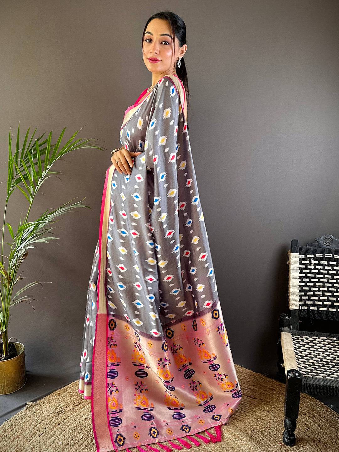 Grey Ikkat Paithani Soft Silk Saree