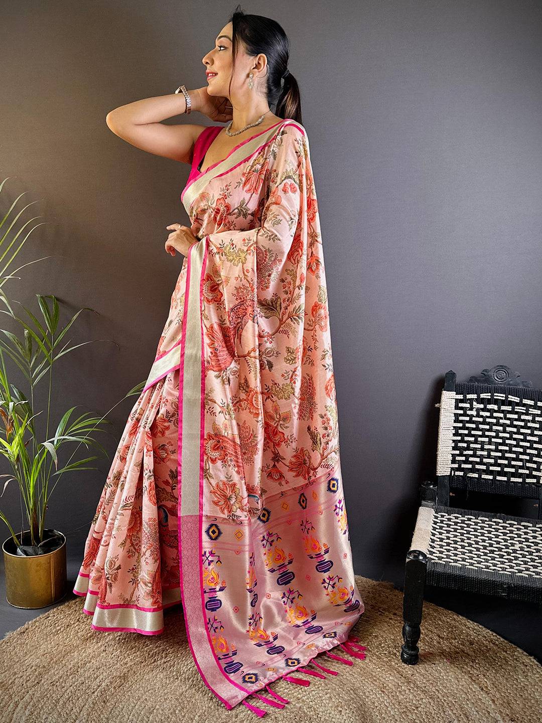 Peach Radiance Phulkari Silk Saree