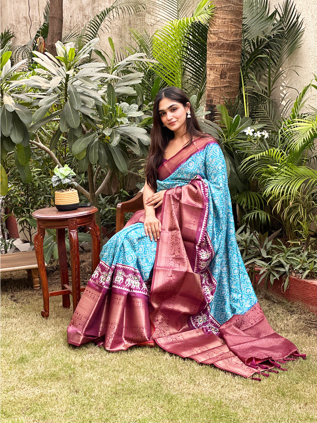 Turquoise Colour Soft Silk Bandhej Ikkat Saree